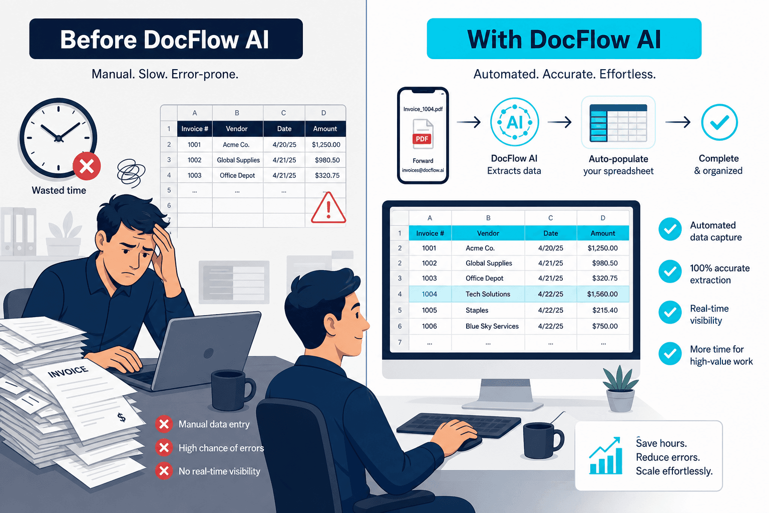 Before and after DocFlow AI — manual entry vs automated extraction