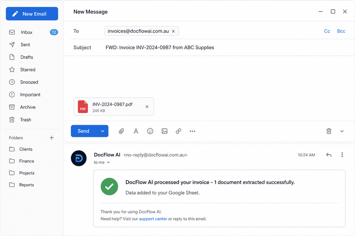 Forwarding an invoice by email to DocFlow AI
