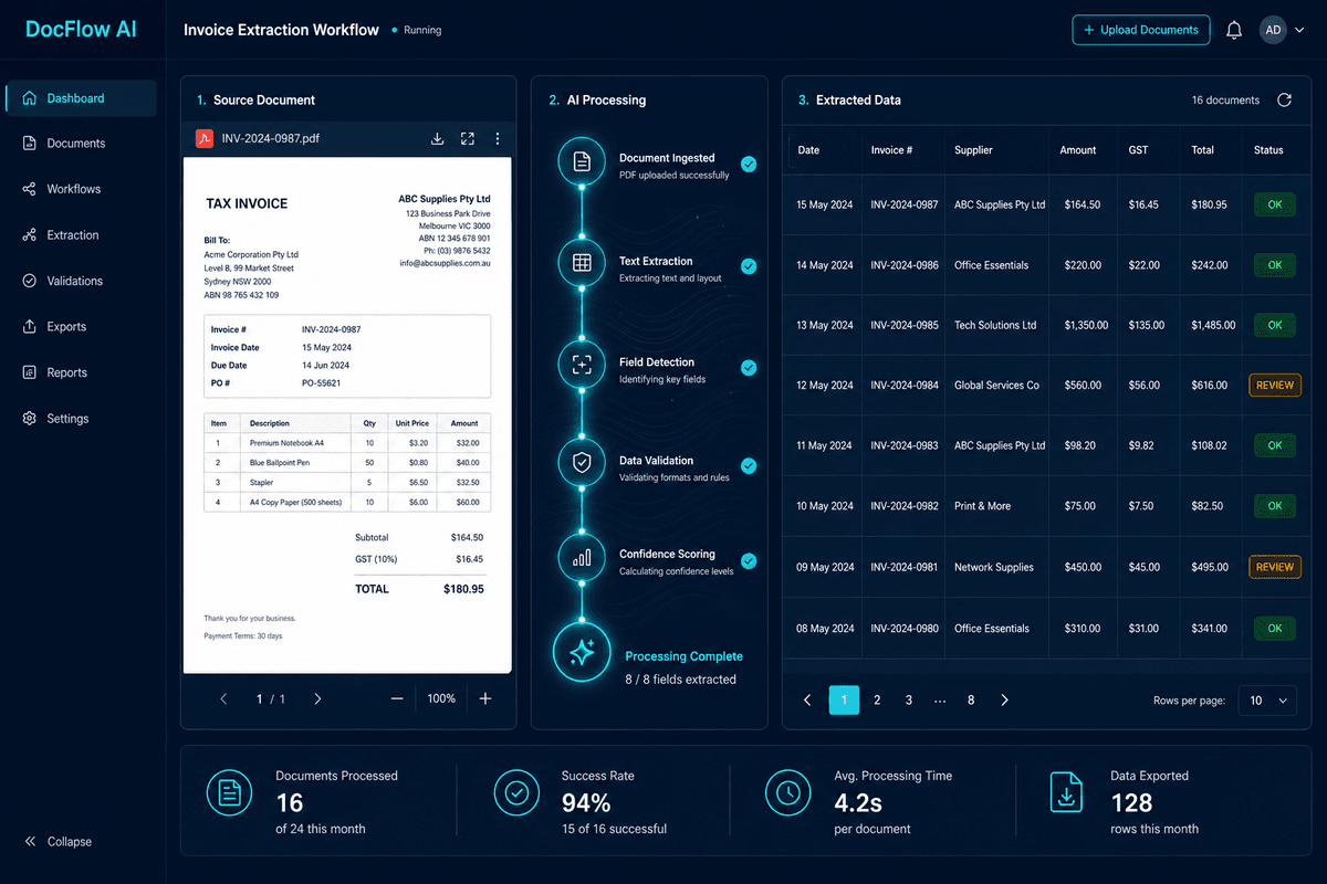 AI extracting invoice data — field detection and processing